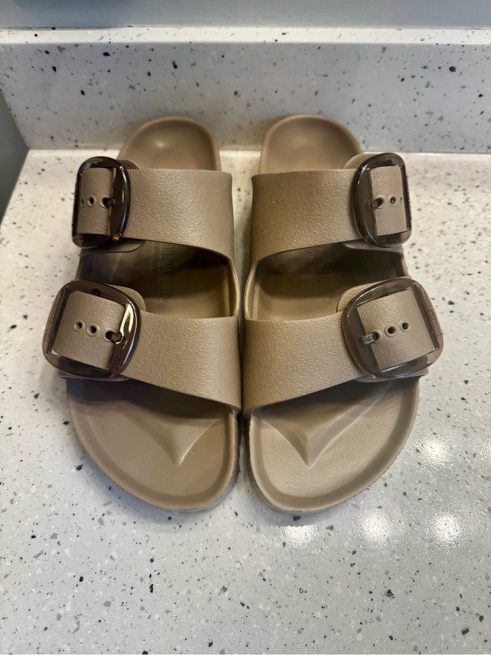 Birkenstock EVA 2-Strap Slide Sandals in Taupe Brown with Big Buckles - Picture 2 of 9